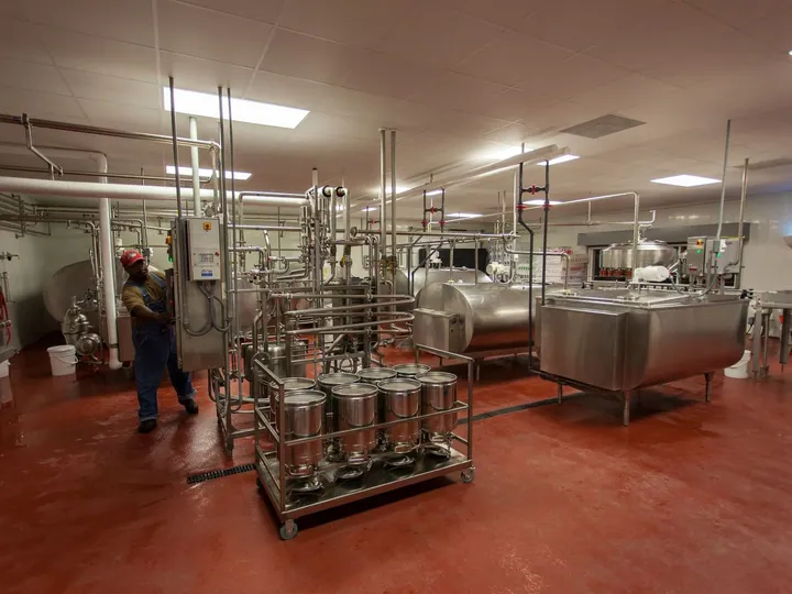 Stainless steel processing equipment in a dairy factory